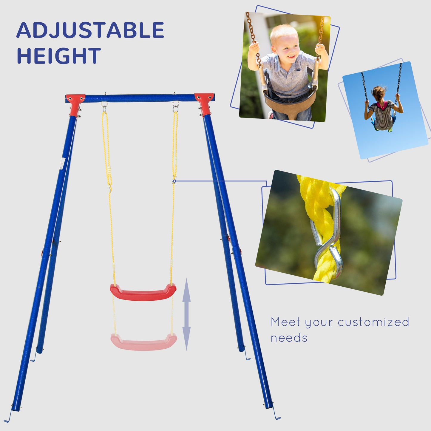 Outsunny Metal Swing Set with Seat Adjustable Rope Heavy Duty A-Frame Stand Backyard Outdoor Playset for Kids Fun 6-12 Years Old Blue