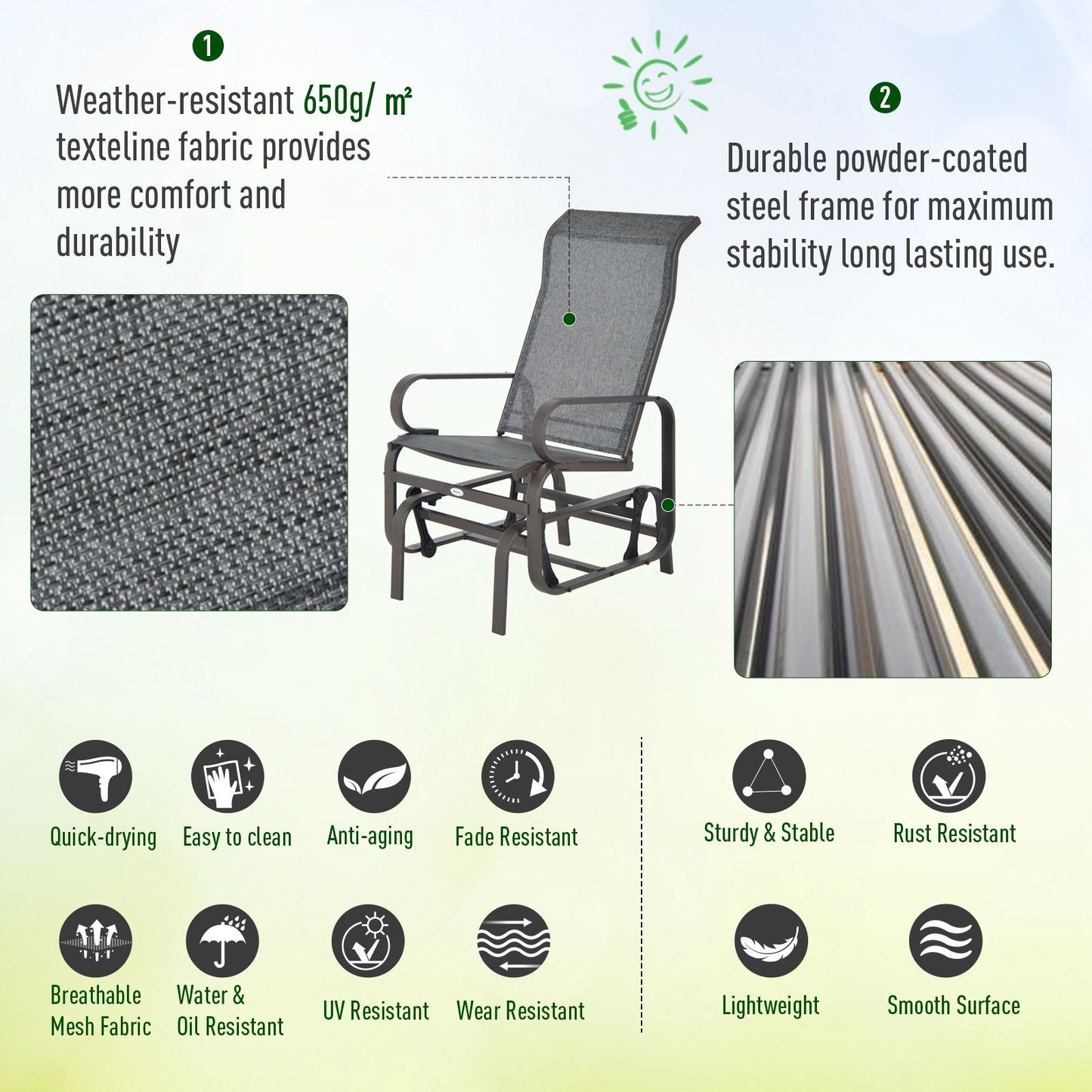 Outdoor Gliding Rocking Chair with Sturdy Metal Frame Garden Comfortable Swing Chair for Patio, Backyard and Poolside, Grey