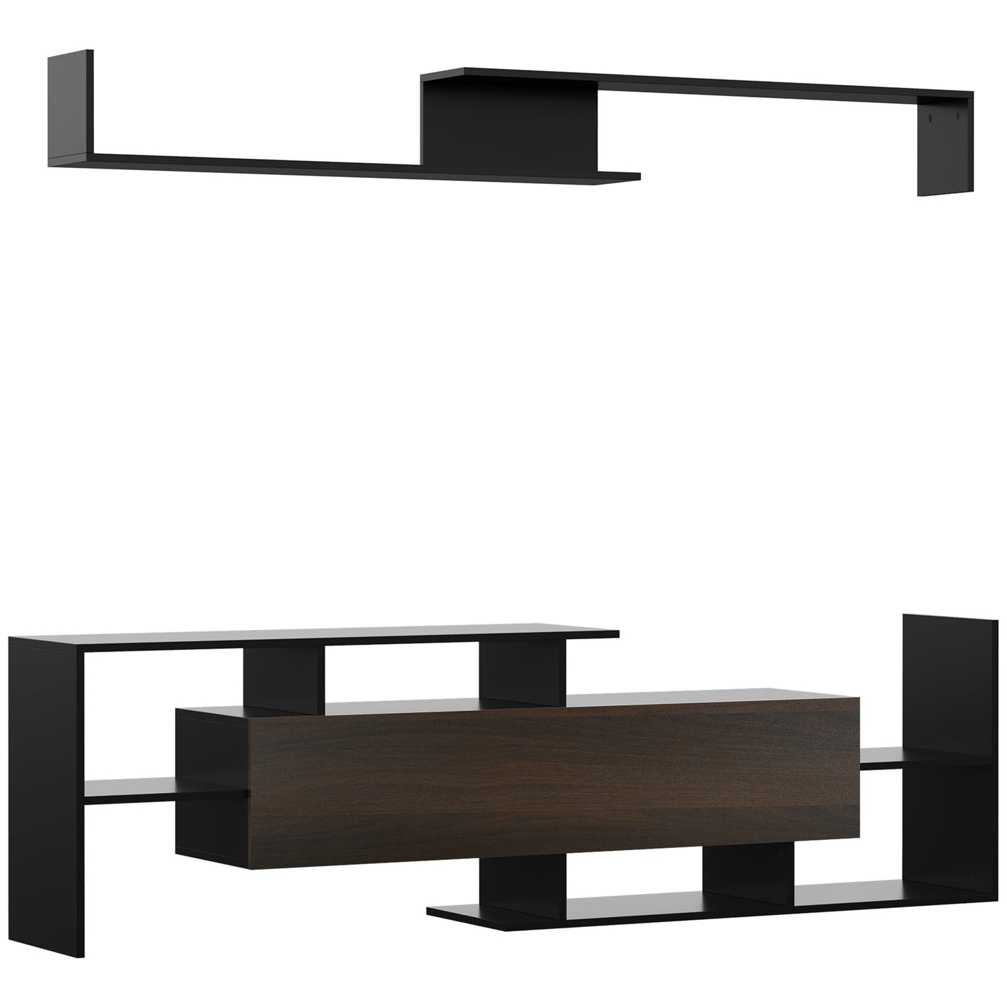 Modern TV Cabinet with Wall Shelf, TV Unit with Storage Shelf and Cabinet, for Wall-Mounted 65" TVs, Living Room Bedroom, Black and Dark Brown