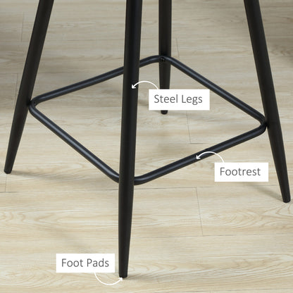 Retro Style Set of 2 Bar stools With Backs, Velvet-Touch Fabric Counter Height Bar Chairs, Kitchen Stools with Steel Legs for Dining Area, Grey