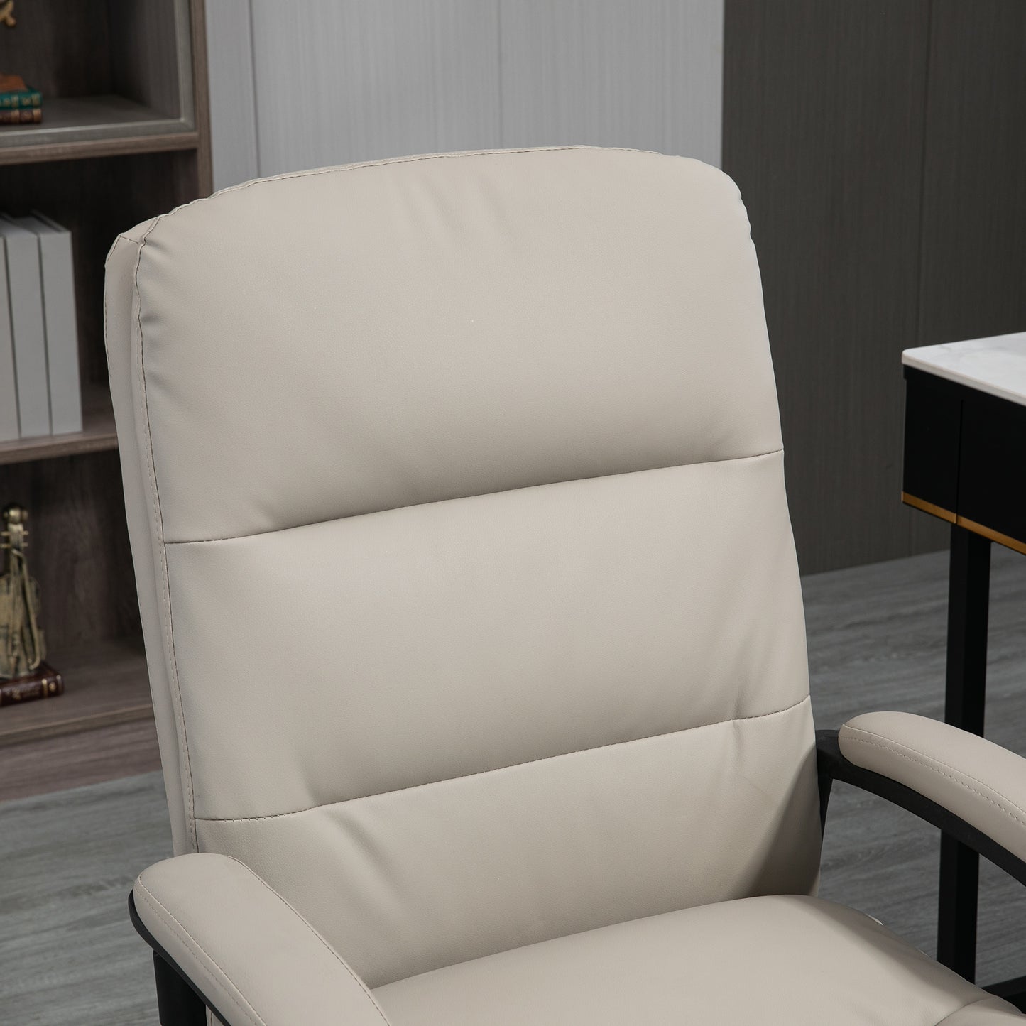 High Back PU Leather Office Chair | Double-Tier Padded Seat | Armrests | 360° Swivel | 5 Wheels | Height Adjustable 108-118cm | 51x43cm Seat | 120kg | Light Grey