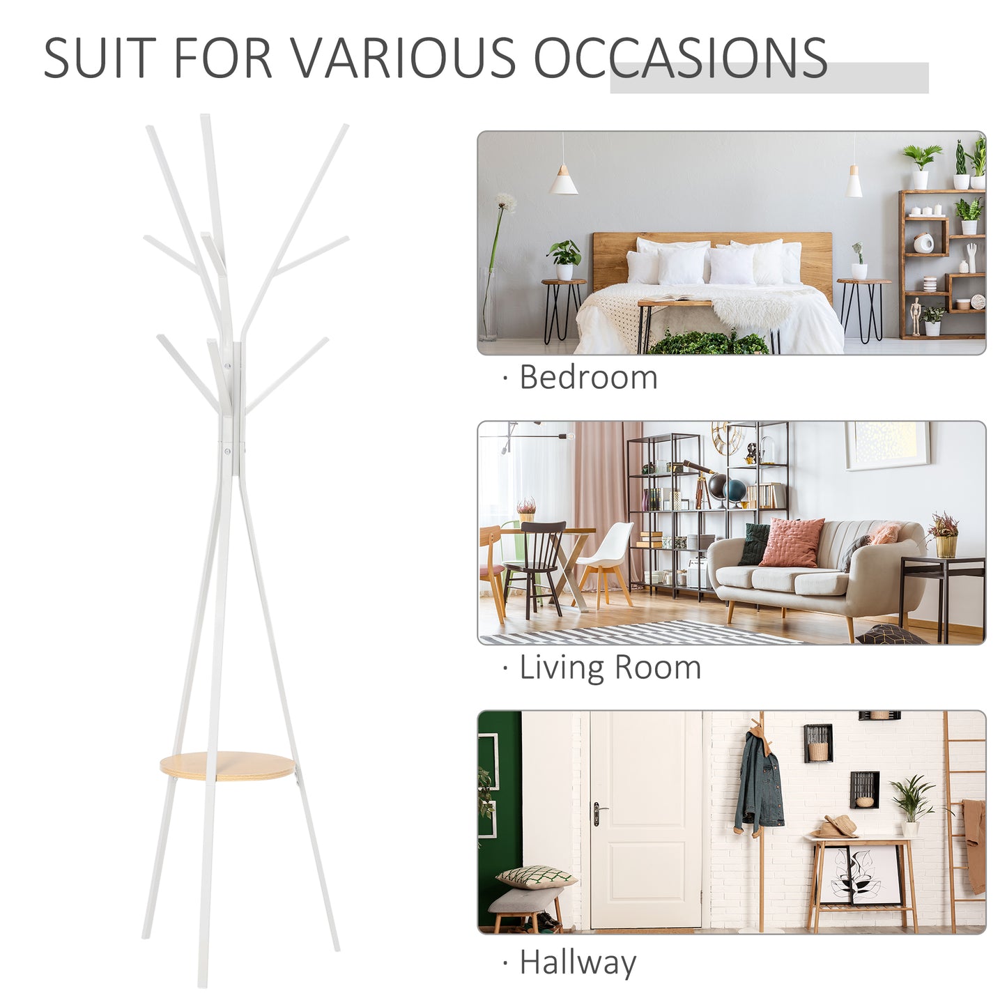 Free Standing Metal Coat Rack Stand 9 Hooks Clothes Tree with 1 Shelf Hat Display Hall Tree Hanger Bag for Hallway Living Room White 180cm