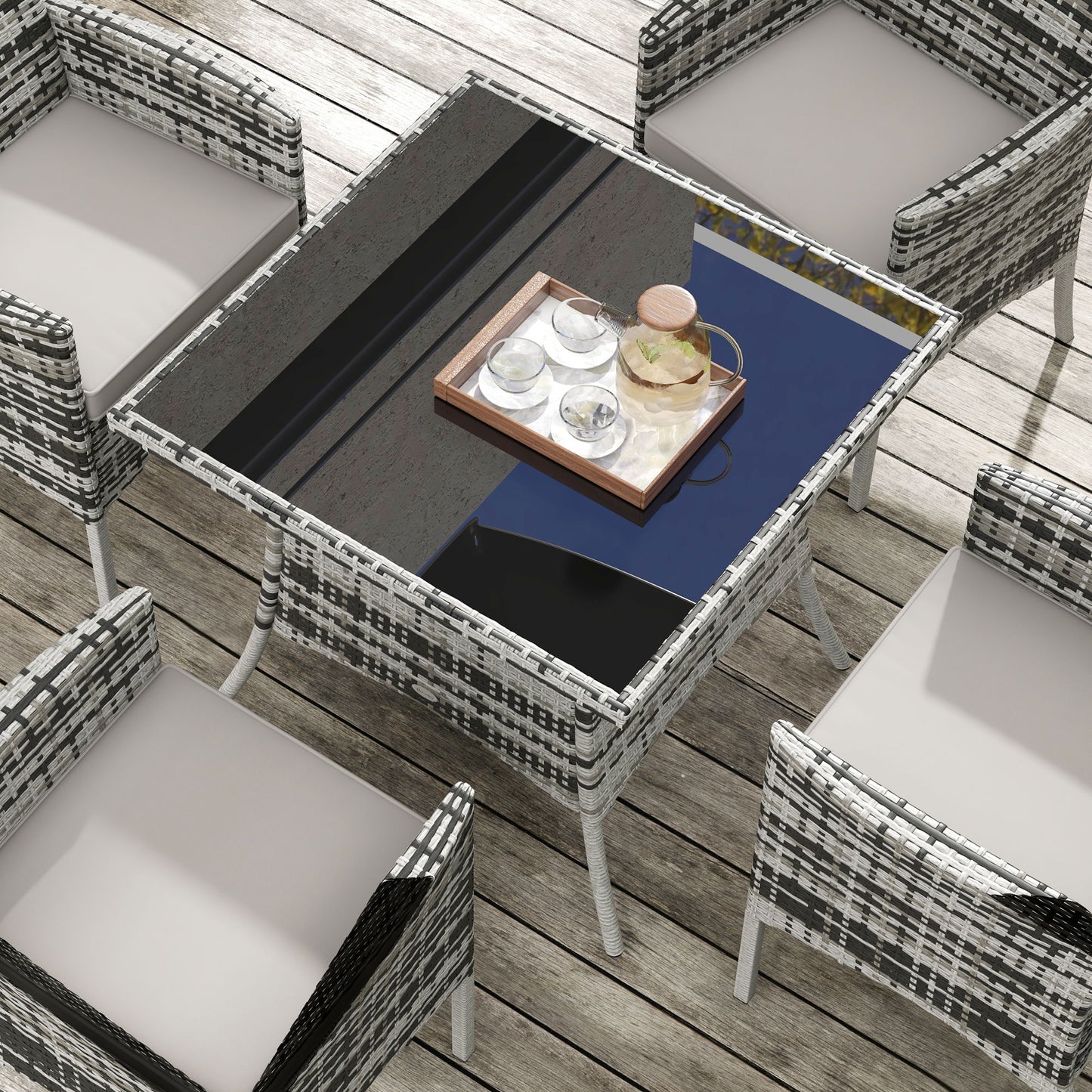 Outdoor Dining Set 5 Pieces Patio Conservatory with Tempered Glass Tabletop, 4 Dining Armchairs - Grey