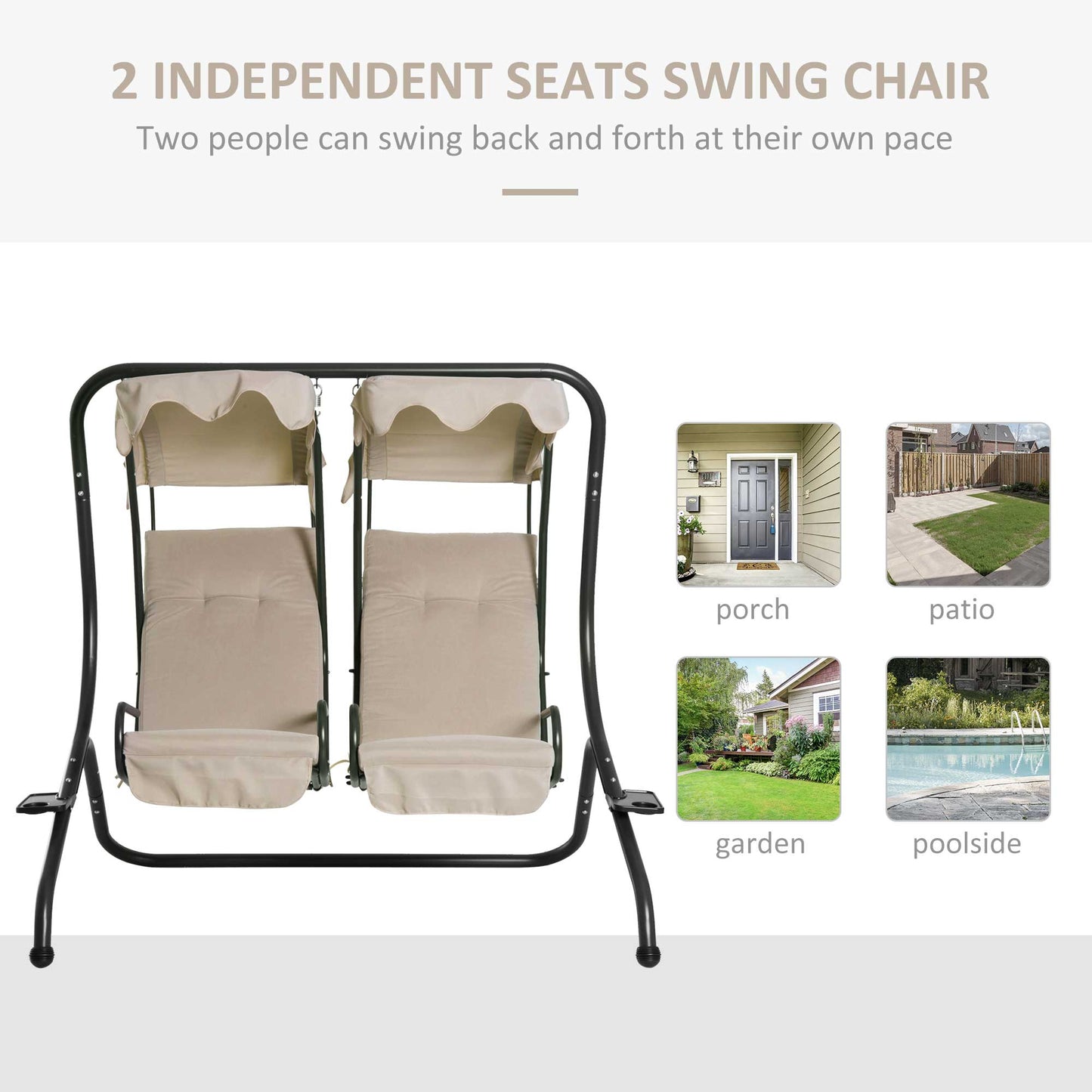 Outsunny 2-Seater Swing Chair Modern Relax Chair w/ 2 Separate Chairs, Cushions and Removable Shade Canopy, Beige