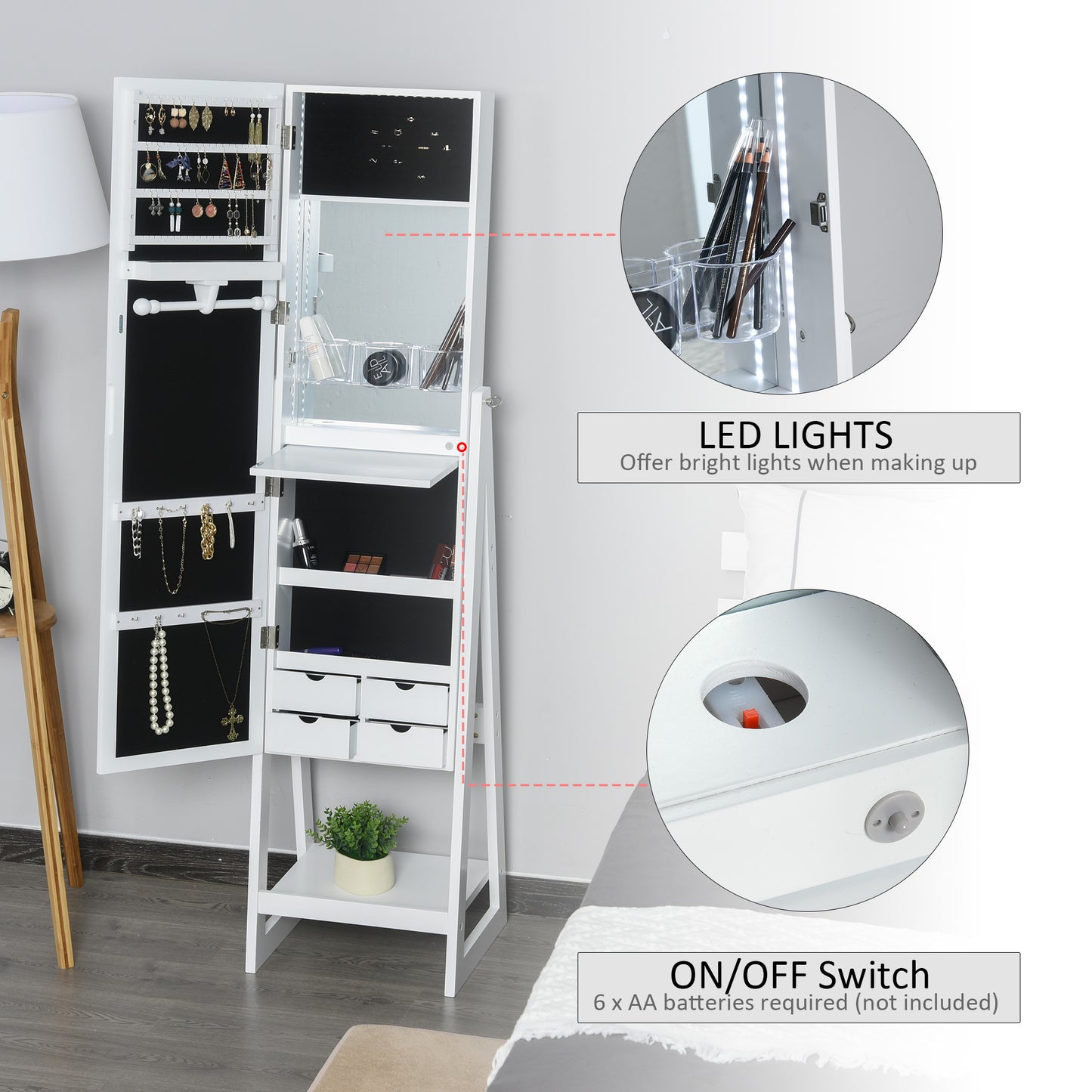 LED Light Jewellery Cabinet Storage Armoire With 2 Mirrors Drawers Hooks Shelves Make-Up Vanity Dresser - White