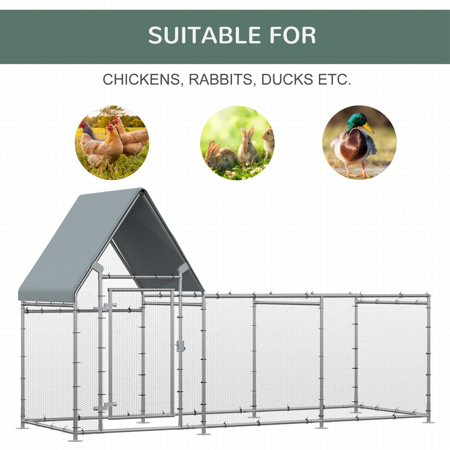 PawHut Walk In Chicken Run, Large Galvanized Chicken House, Hen Poultry House Cage, Outdoor Rabbit Hutch Metal Enclosure w/ Water-Resist Cover
