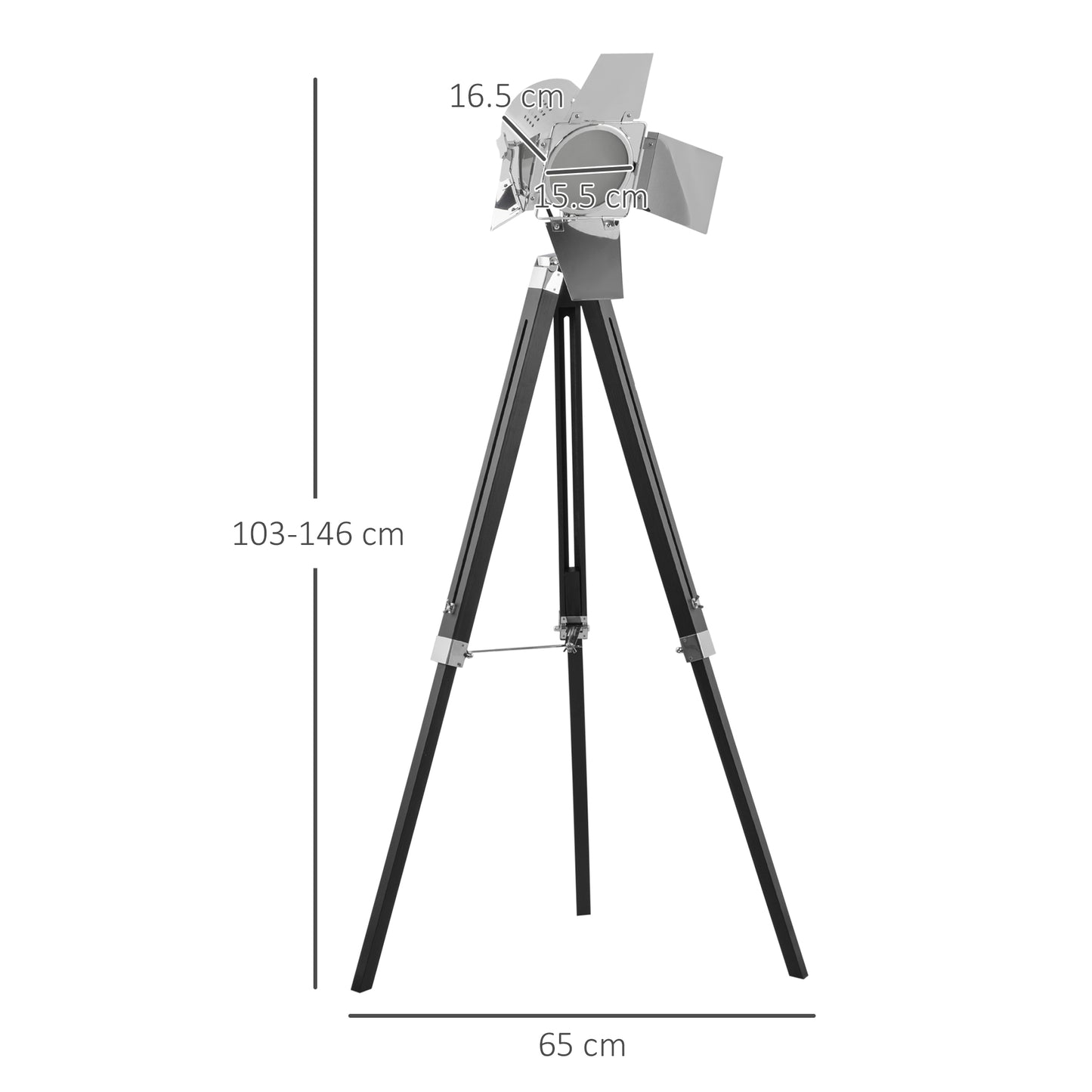 Industrial Tripod Floor Lamp, Nautical Cinema Standing Spotlight with Wood Legs and Adjustable Height for Living, Bedroom, Black and Silver