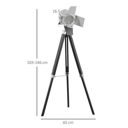 Industrial Tripod Floor Lamp, Nautical Cinema Standing Spotlight with Wood Legs and Adjustable Height for Living, Bedroom, Black and Silver