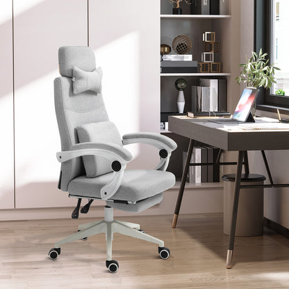 Vinsetto Home Office Chair w/ Manual Footrest Recliner Padded Modern Adjustable Swivel Seat w/ 2 Pillows Armrest Ergonomic Grey