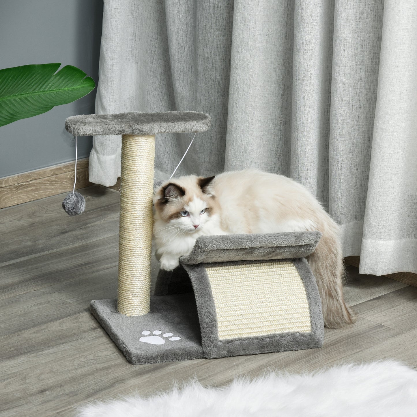 Pawhut Cat Scratching Post Cat Tree Kitten Scratcher Kitty Activity Play Centre Sisal Rotatable Top Bar Tunnel Dangling Ball Light Grey
