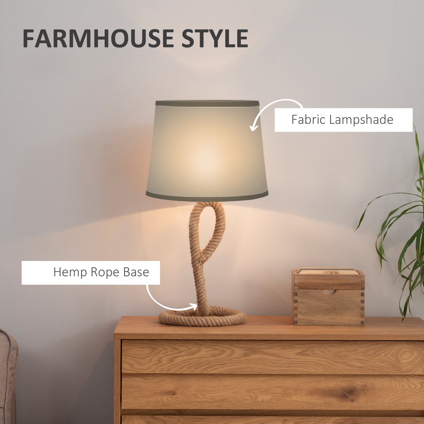 Farmhouse Table Lamp with Rope Base for E27 LED Halogen Bulb, Desk Fabric Light, Bedroom, Living room, Study