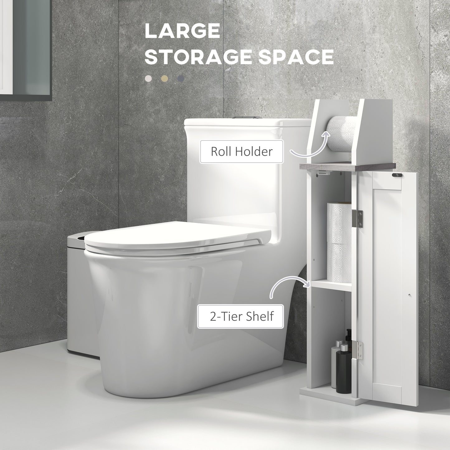 Kleankin Slim Bathroom Floor Cabinet with Cupboard, Roll Holder and Adjustable Shelf, Toilet Roll Storage Unit for Toilet Paper, Shampoo, White