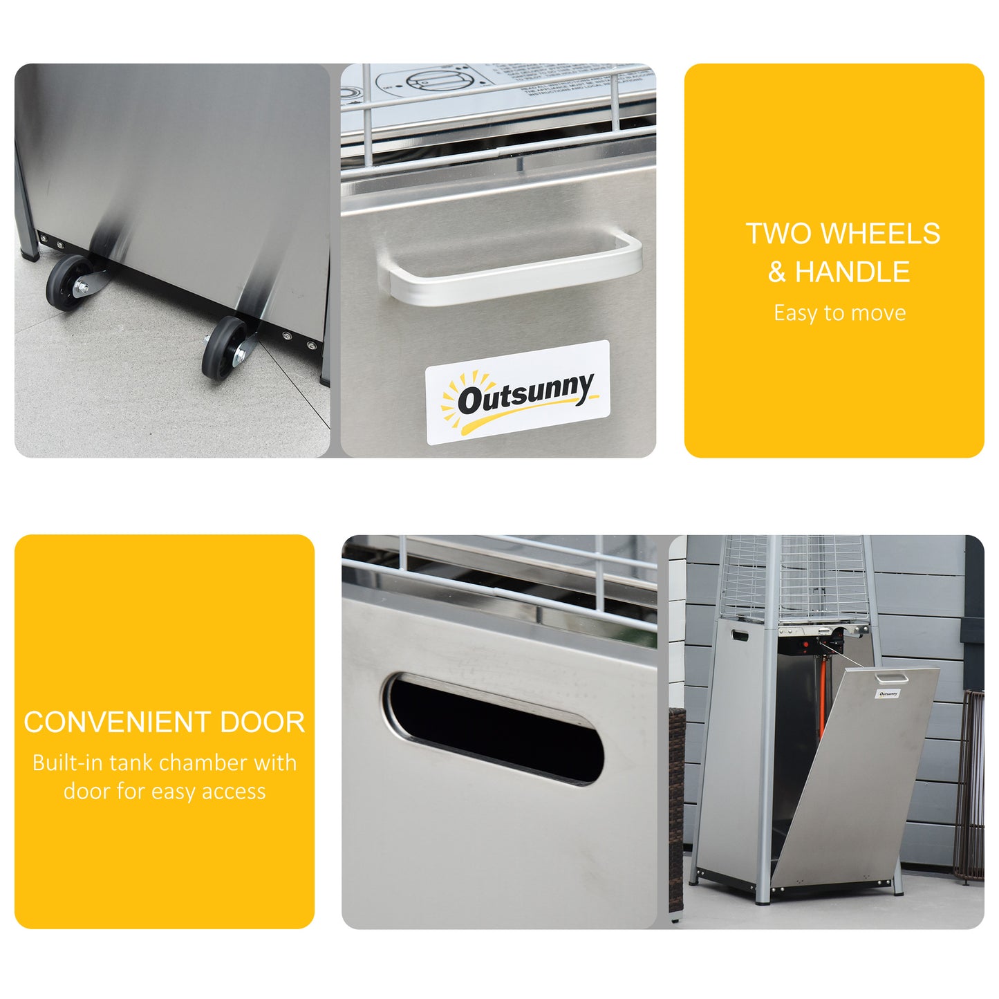 Outdoor Patio Gas Heater Stainless Steel Pyramid Propane Heater Garden Freestanding Tower Heater with Wheels, Dust Cover, Silver 11.2KW