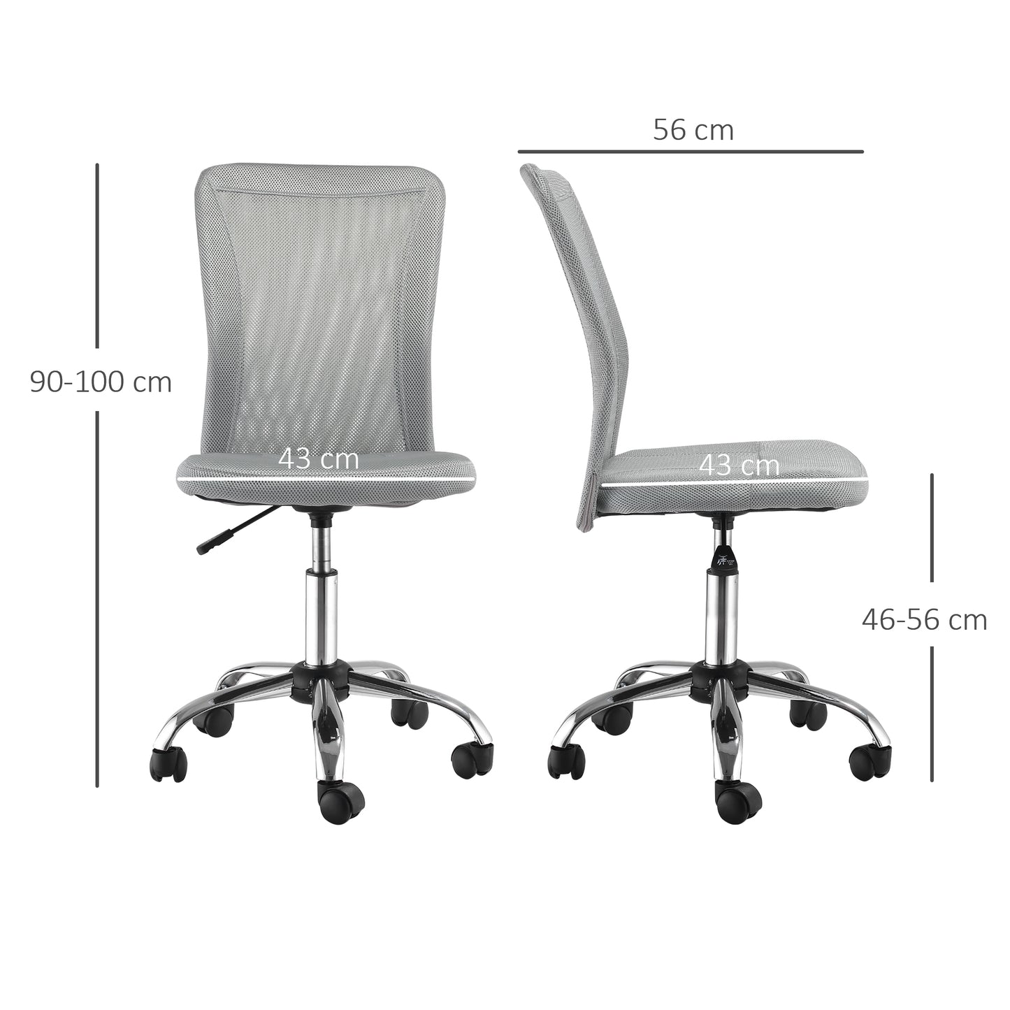 Armless Mesh Office Chair | 360° Swivel | Adjustable Height 46-56cm | Curved Mesh Back | Thick Sponge Seat | 120kg | Compact Space Saving | Grey