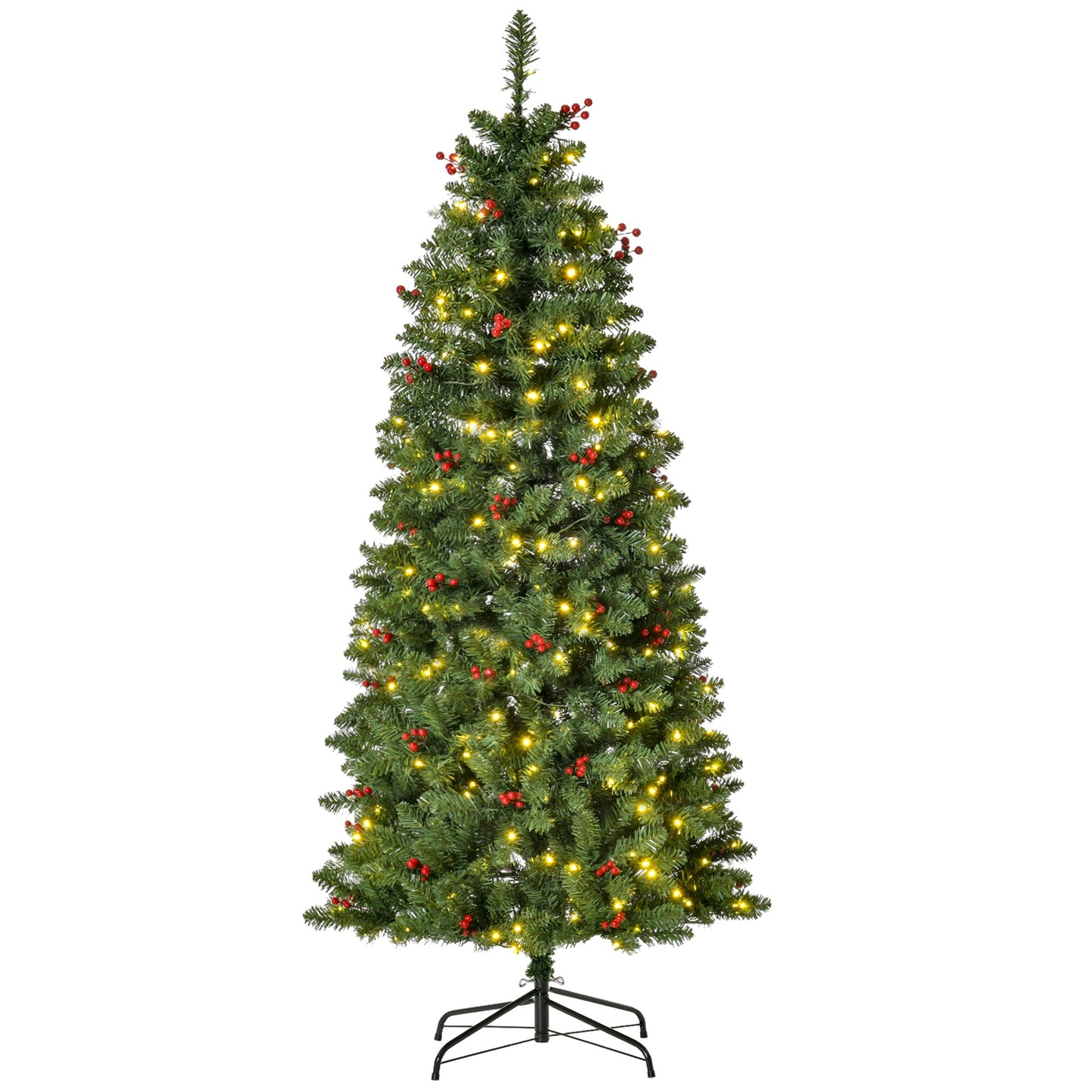 5FT Prelit Artificial Pencil Christmas Tree with Warm White LED Light, Red Berry, Holiday Home Xmas Decoration, Green