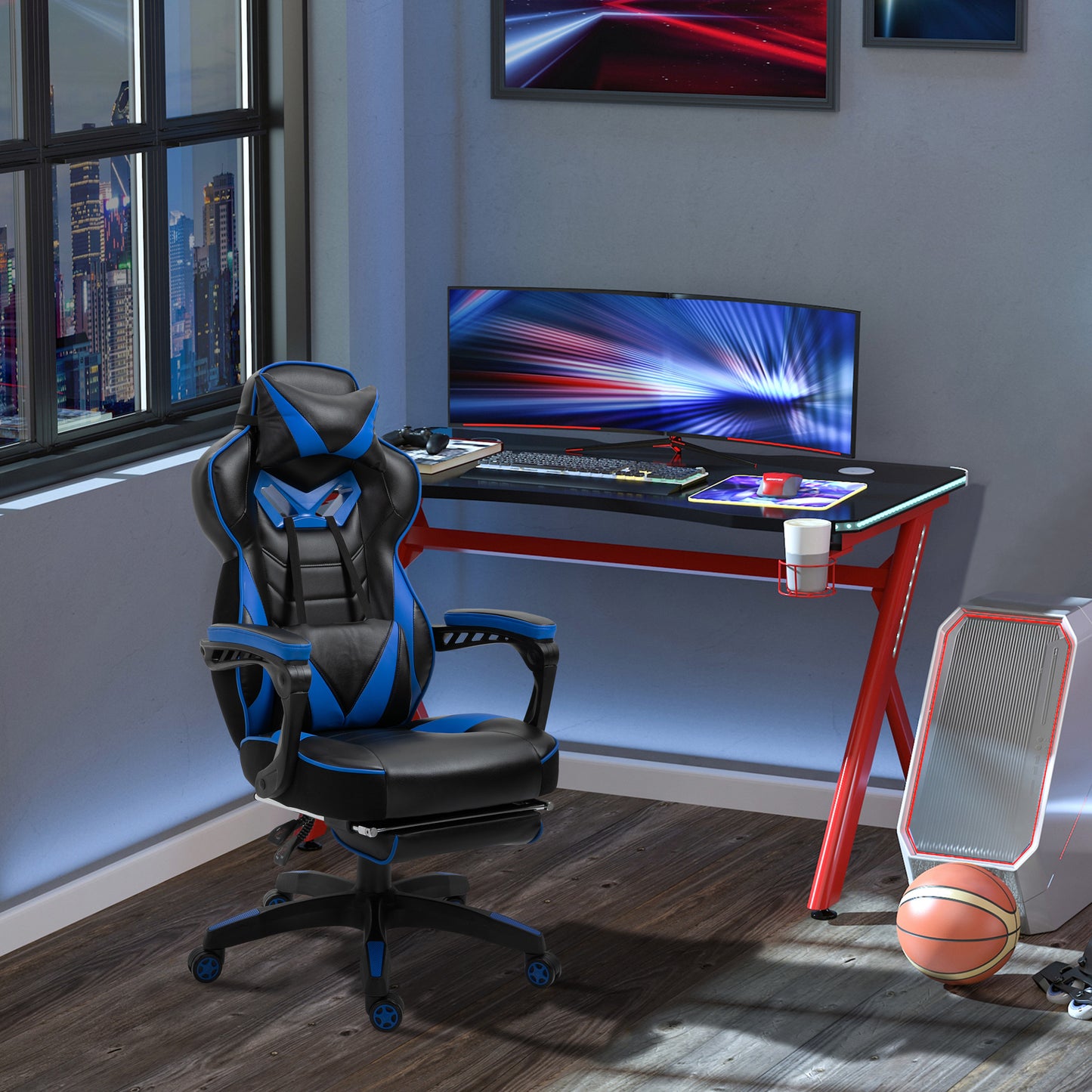Vinsetto Ergonomic Racing Gaming Chair Office Desk Chair Adjustable Height Recliner with Wheels, Headrest, Lumbar Support, Retractable Footrest