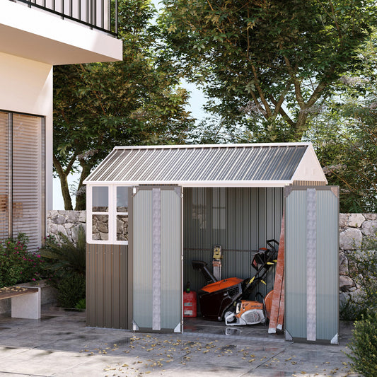Outsunny 8 x 6 ft Galvanised Garden Shed, Outdoor Metal Storage Shed with Double Doors Window Air Vents for Patio, Lawn, Grey