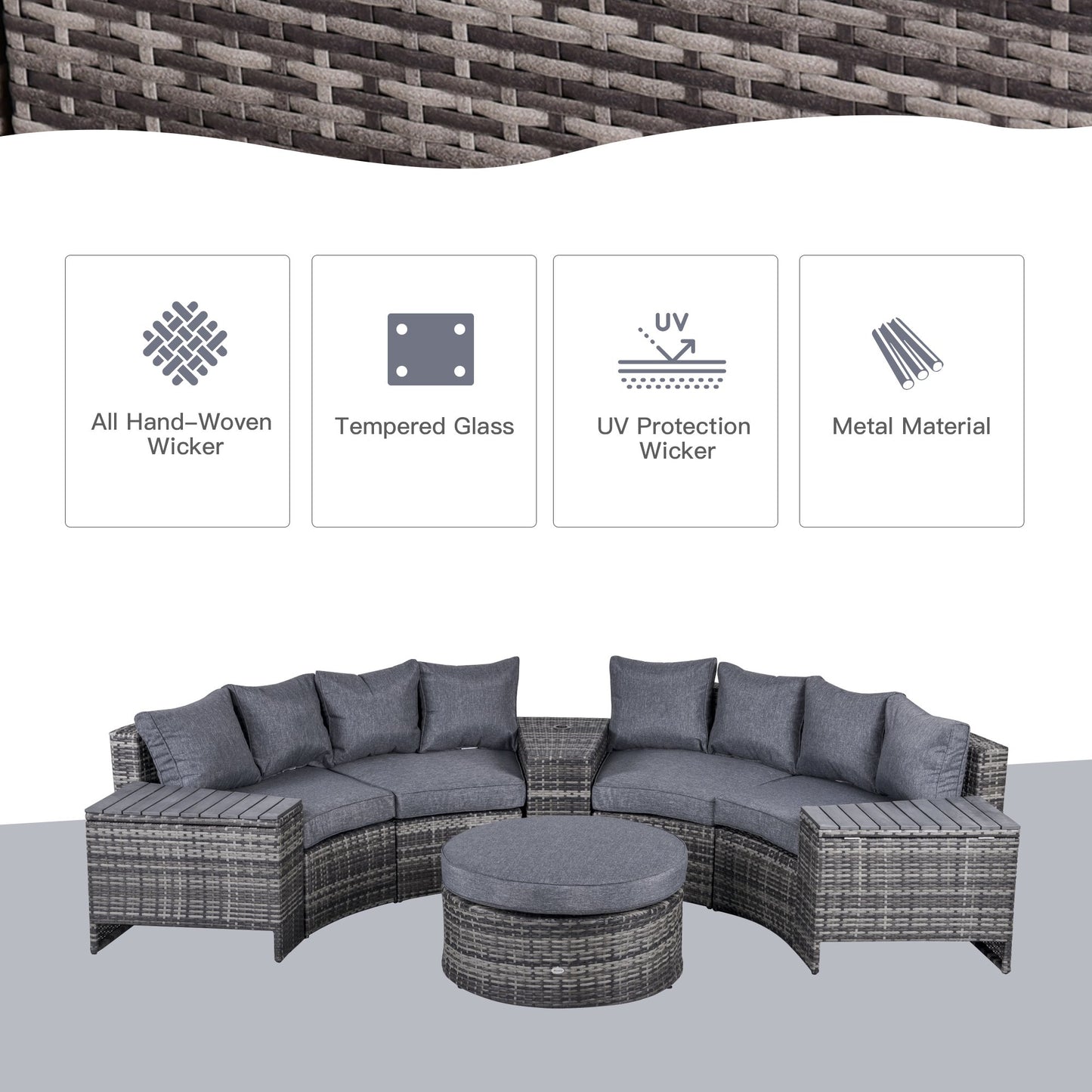 Outsunny 4-Seater Outdoor PE Rattan Wicker Sofa Set Half Round Conversation w/ 1 Umbrella Hole Side Table and 2 Storage Side Tables Grey