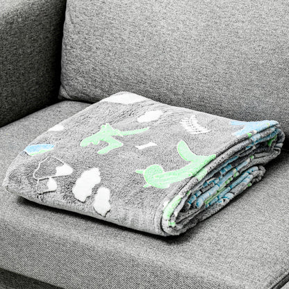 Glow in The Dark Flannel Fleece Throw Blanket, Fluffy Warm Throw Blanket, Kids Dinosaur Luminous Blanket, 203x153cm, Grey