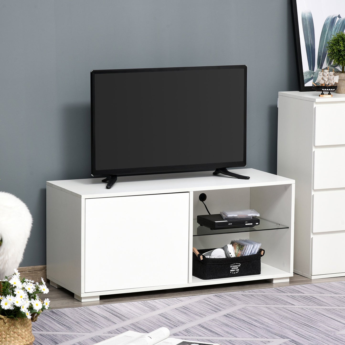 Modern TV Stand Media Unit w/ High Gloss Door Cabinet 2 Shelves Living Room Office Home Furniture White