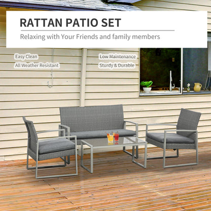 Outsunny 4 Piece PE Rattan Wicker Sofa Set Outdoor Conservatory Furniture Lawn Patio Coffee Table w/ Cushion, Grey
