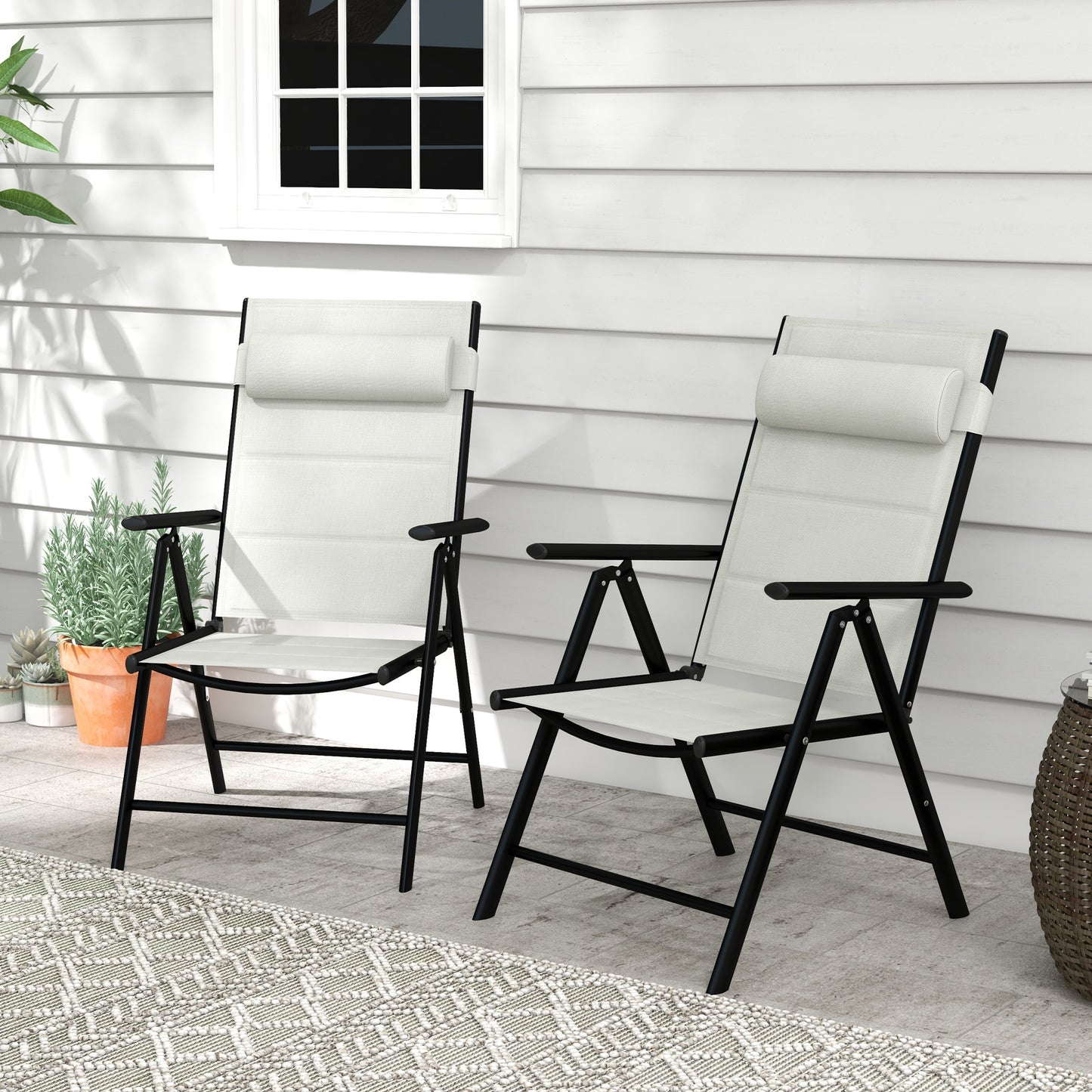 Set of 2 Patio Folding Chairs W/ Adjustable Back, Aluminium Dining Chairs with Breathable Mesh Fabric Padded Seat and Backrest, Headrest