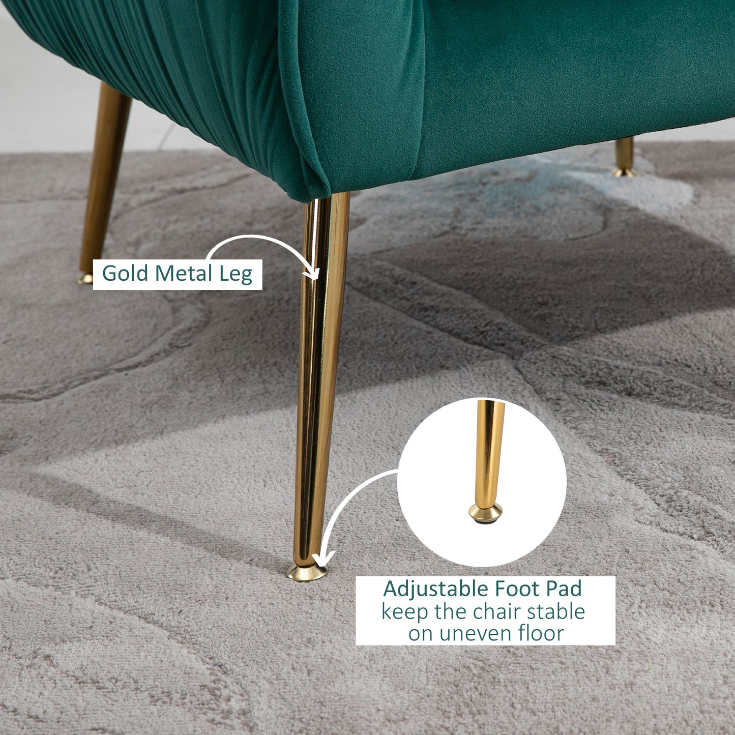 Retro Style Velvet-Feel Tub Armchair, with Gold Tone Legs - Green