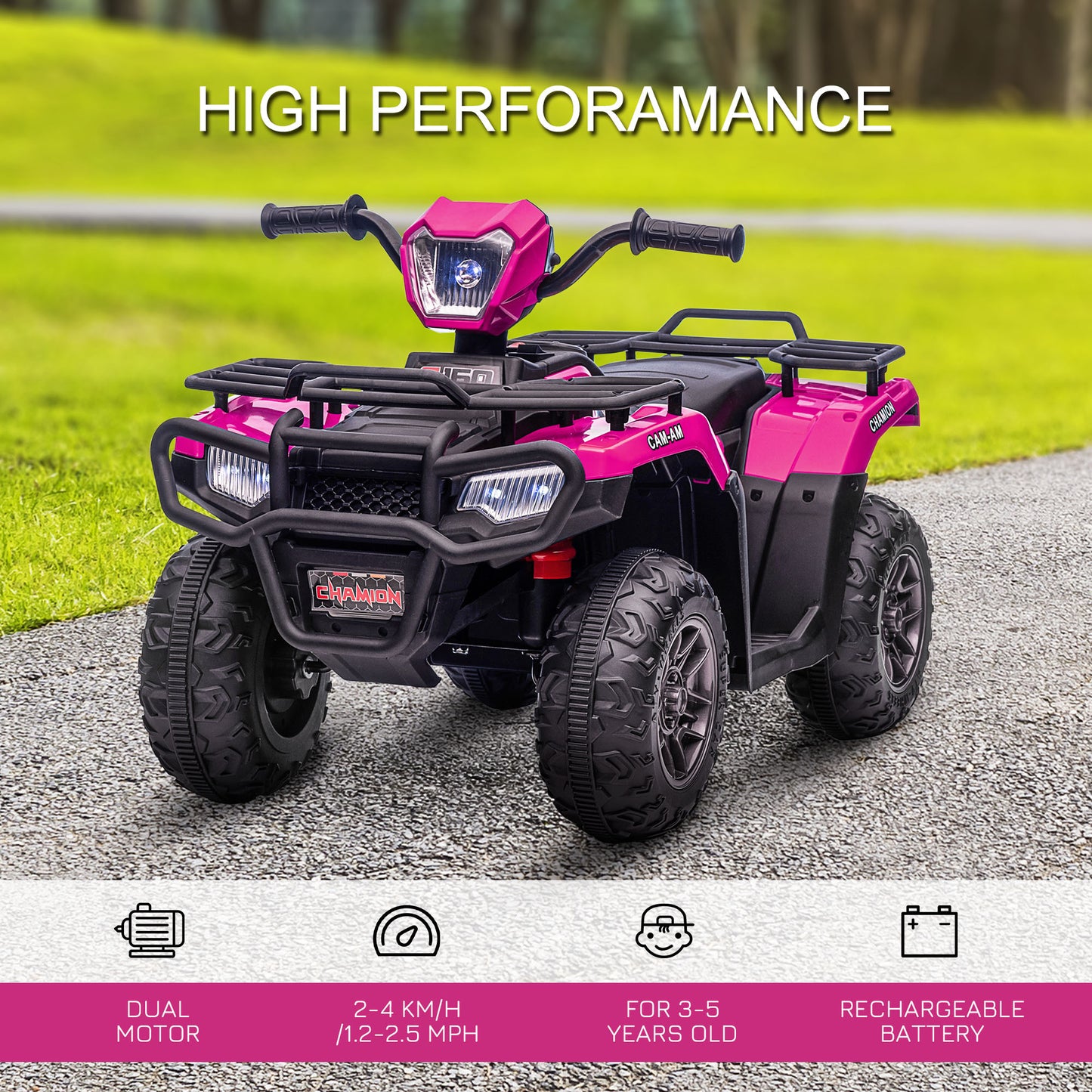 Kids 12V Quad Bike with Forward Reverse Functions, Ride On ATV with Music, LED Headlights, for Ages 3-5 Years - Pink