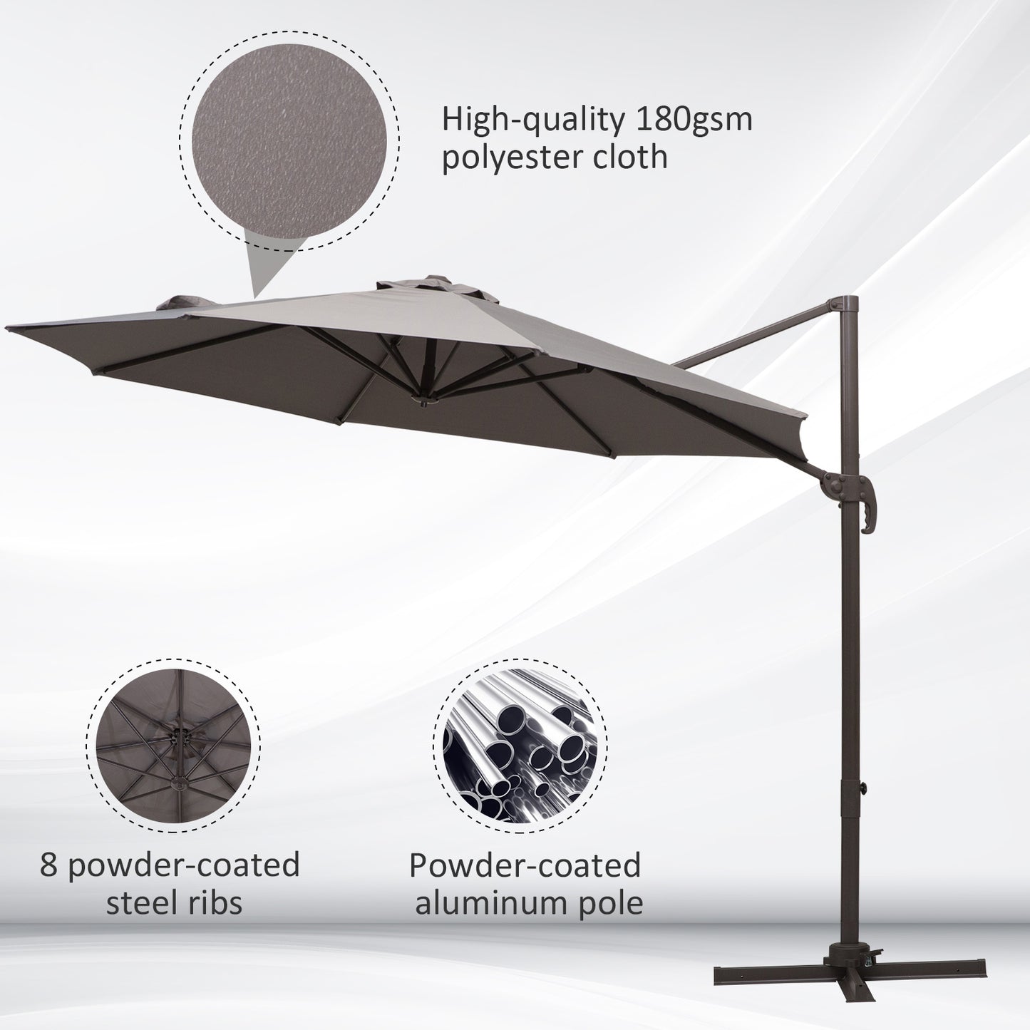Outsunny 3M Roma Umbrella Sun Shade Cantilever Hanging Parasol w/ Cross Base Hand Crank Aluminium Frame 360°Rotation - Grey