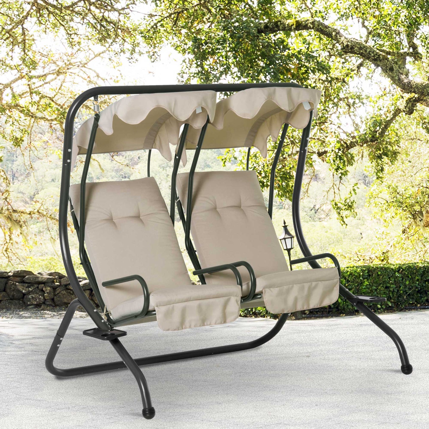 Outsunny 2-Seater Swing Chair Modern Relax Chair w/ 2 Separate Chairs, Cushions and Removable Shade Canopy, Beige