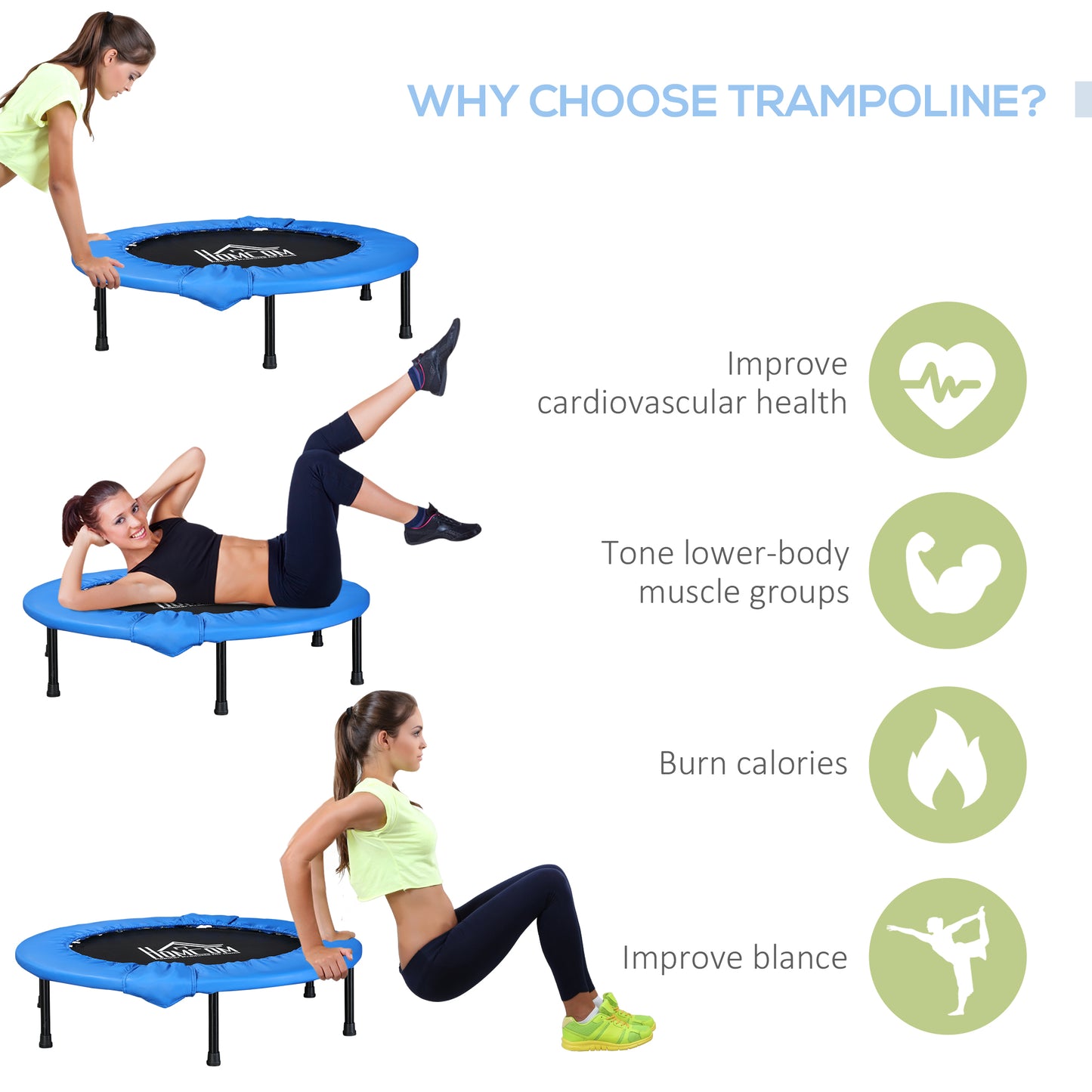 Φ100cm Foldable Mini Fitness Trampoline Home Gym Yoga Exercise Rebounder Indoor Outdoor Jumper w/ Safety Pad, Blue and Black