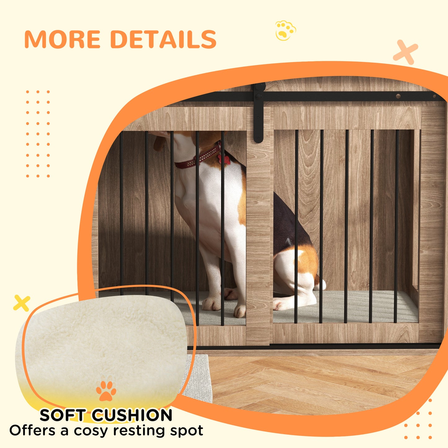 Dog Crate Furniture Side Table | Barn Door | Removable Washable Cushion | 3-Sided Ventilation | Large Dogs up to 30kg | 100 x 60 x 63cm | Brown