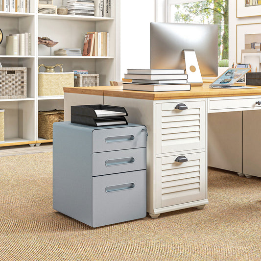 Vinsetto Lockable Cabinet, Rolling Filing Cabinet with 3 Drawers, Steel Office Drawer Unit for A4, Letter, Legal Sized Files