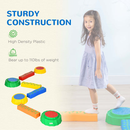 Outsunny 8pcs Kids Balance Beam, Balance Bridge with Non-slip Surface & Bottom, Stackable Stepping Stones for toddler, Strength Coordination Training