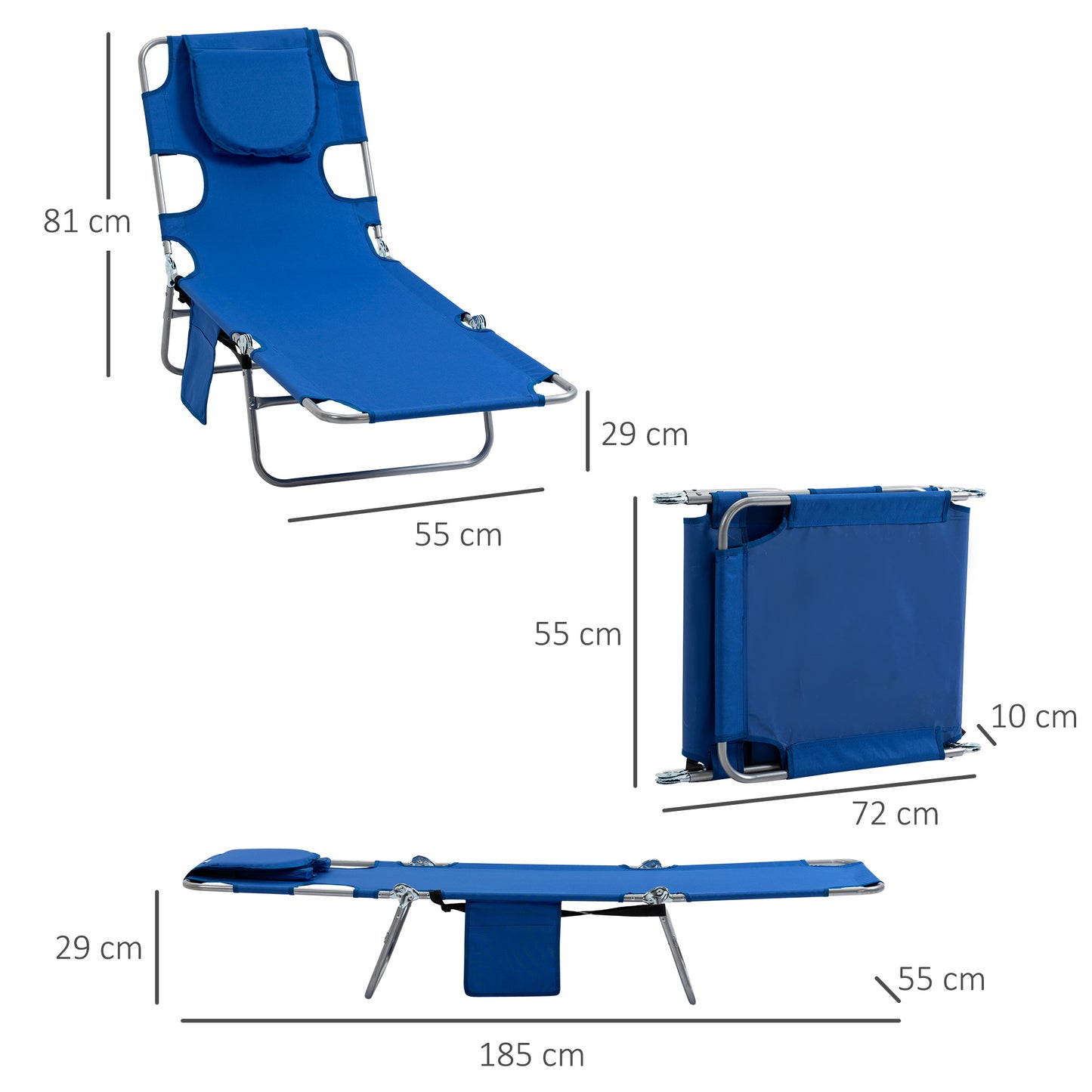 2 Pieces Foldable Sun Lounger Portable With 5 Level Adjustable Backrest, Reclining Lounge Chair with Side Pocket, Headrest Pillow, Blue