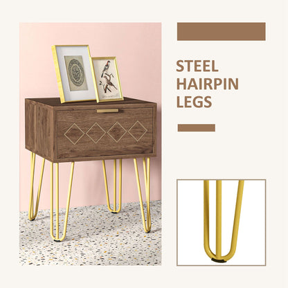 Bedside Table with Drawer, Wooden Nightstand, Modern Sofa Side Table with Gold Tone Metal Legs for Living Room, Bedroom