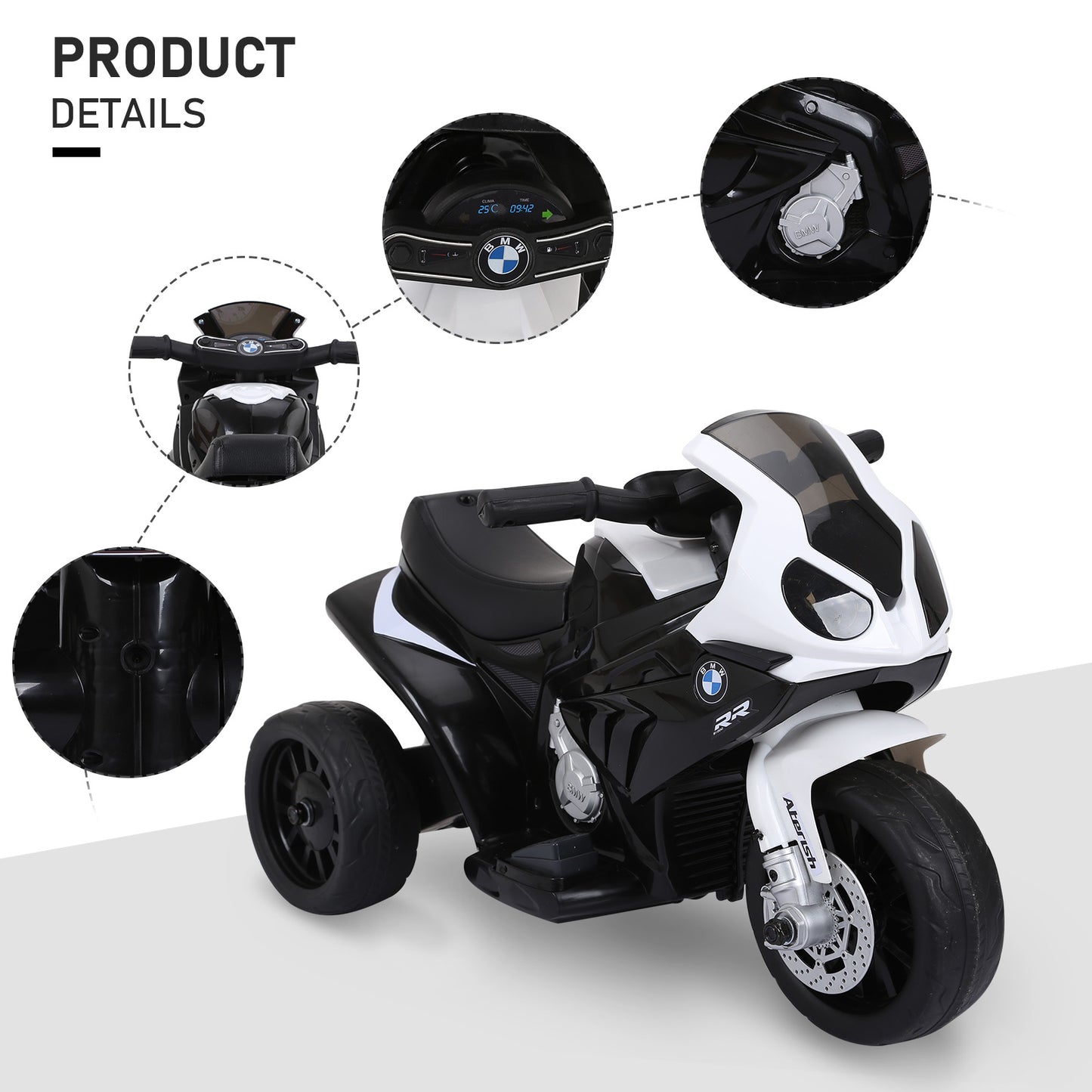 Electric Kids Ride on Motorcycle BMW S1000RR w/ Headlights Music Battery Powered Play Bike 6V Black