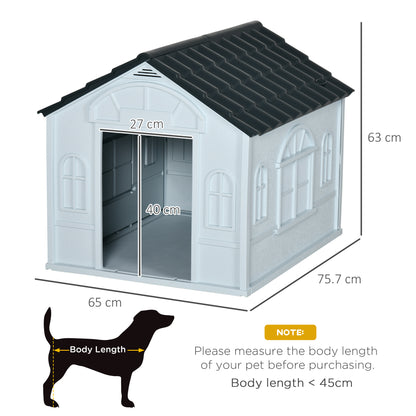 Plastic Dog Kennel House | Weatherproof | Slanted Roof | Cottage Windows | No-Tool Assembly | Medium Dogs up to 20kg | 65 x 75.7 x 63cm | Grey