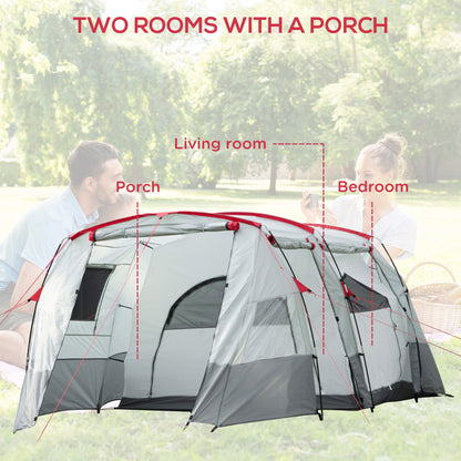 Outsunny 6-8 Person Tunnel Tent, Camping Tent with Bedroom, Living Room, Sewn-in Floor, 3 Doors and Carry Bag, 2000mm Water Column for Fishing, Grey