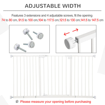 PawHut Adjustable Safety Gate Dog Barrier for Doorways, Corridors, Staircases with Three Extensions and Adjustable Screws - White