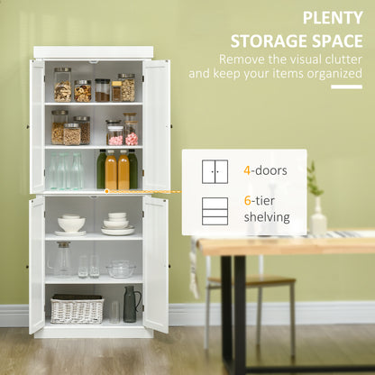 Freestanding Kitchen Cupboard with 4 Doors, Storage Cabinet with 6-Tier Shelving and 4 Adjustable Shelves, White