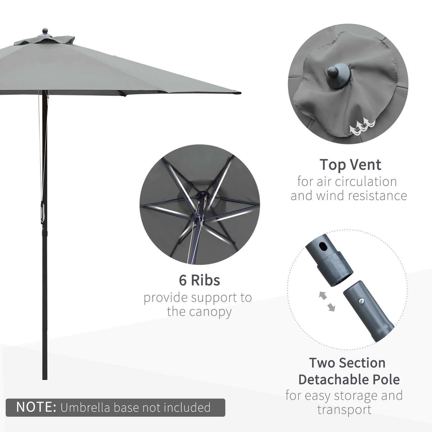 Outsunny 2.8m Patio Parasols Umbrella Outdoor 6 Ribs Sunshade Canopy Manual Push Garden Backyard Furniture, Dark Grey
