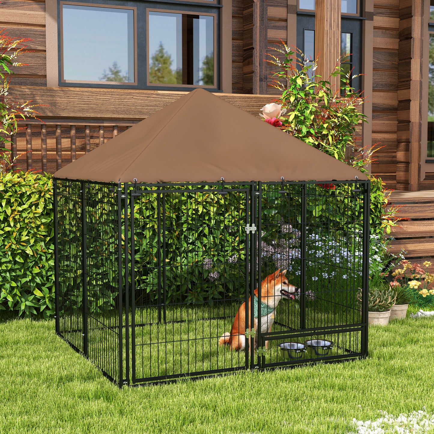 Outdoor Dog Kennel & Playpen | Waterproof Canopy | Lockable Gate | Rotating Bowl Holder | 2 Bowls Included | 141 x 141 x 151cm | Brown