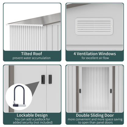 Outsunny 9 x 6FT Garden Storage Shed, Metal Outdoor Storage Shed House with Floor Foundation, Ventilation & Doors, Grey