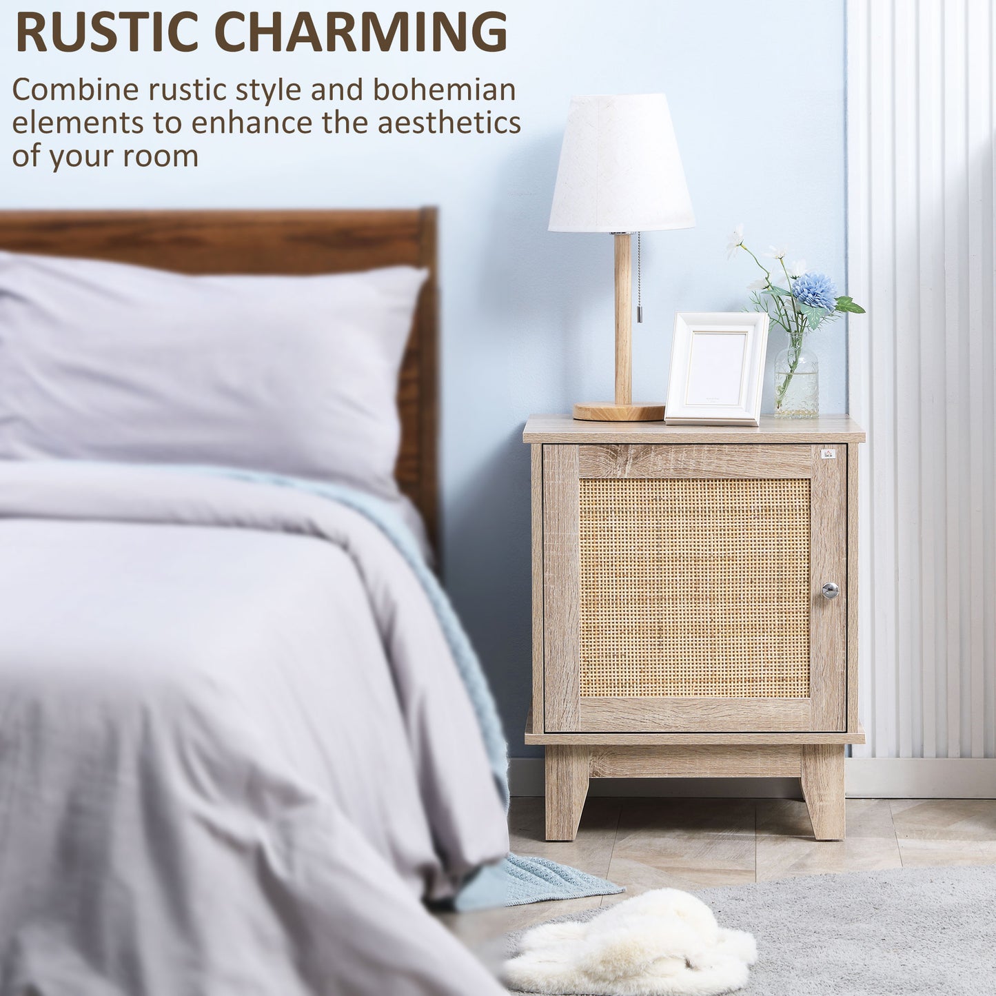 Set Of 2 Bedside Table, Bedside Cabinet with Storage Cupboard, Side End Table with Rattan Element for Living Room, Bedroom, Natural