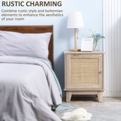 Set Of 2 Bedside Table, Bedside Cabinet with Storage Cupboard, Side End Table with Rattan Element for Living Room, Bedroom, Natural