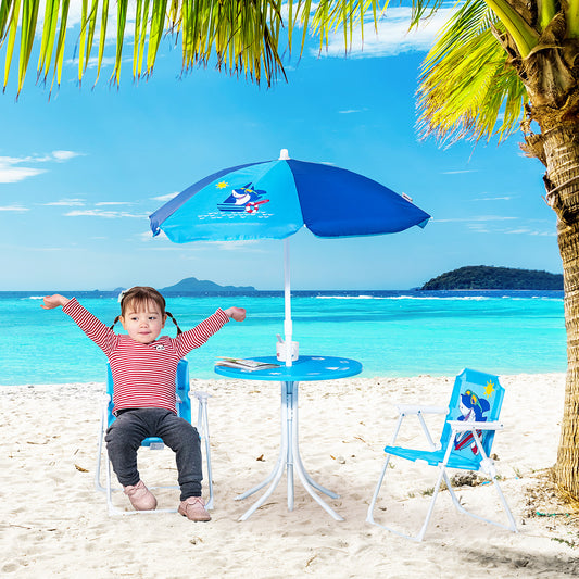 Outsunny Kids Picnic & Table Chair set, Outdoor Folding Garden Furniture w/ Shark Design, Removable, Adjustable Sun Umbrella, Ages 3-6 Years - Blue