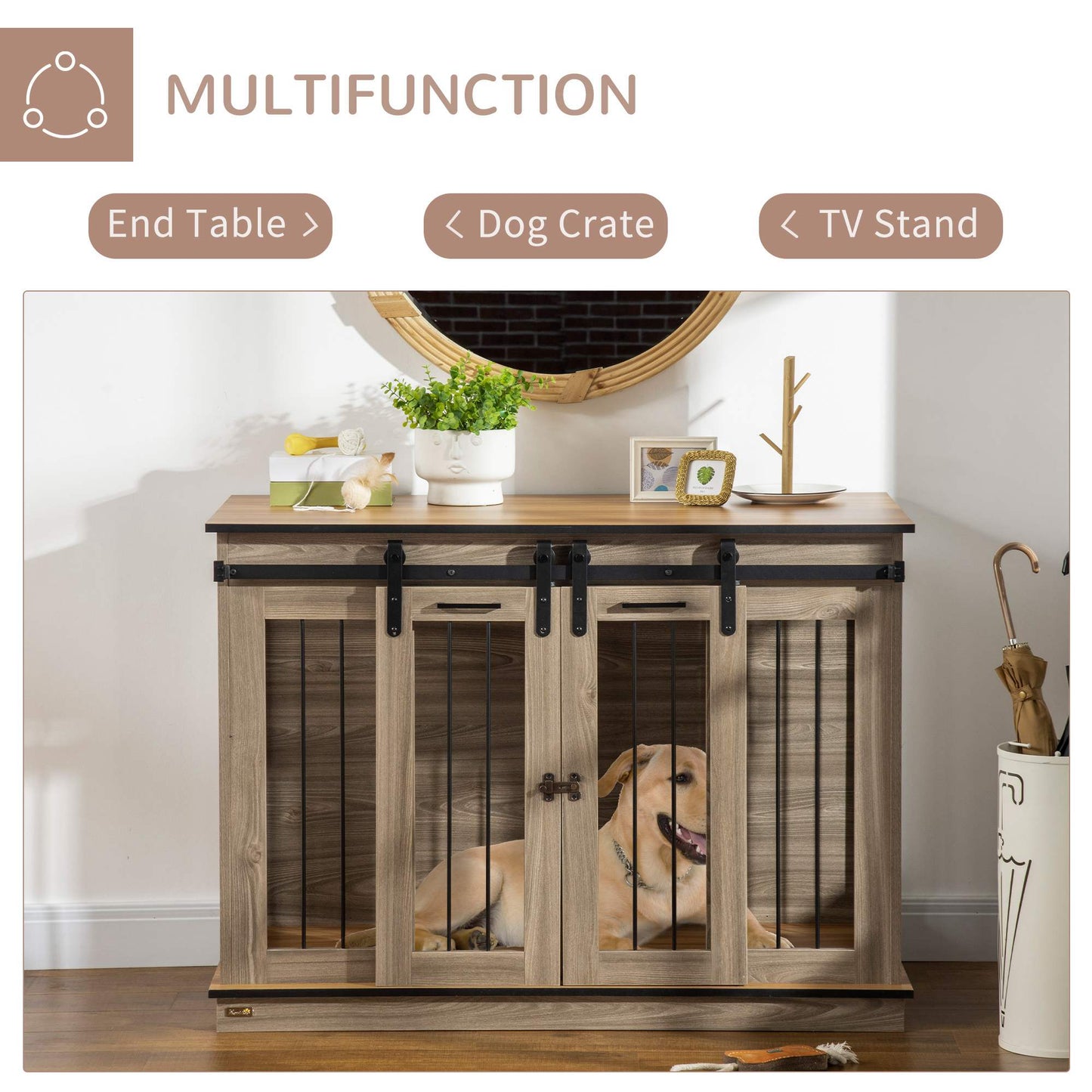 Dog Crate Furniture Side Table | Removable Divider | Double Sliding Doors | Large Dog or 2 Small Dogs | 120 x 60 x 88.5cm | Oak Tone