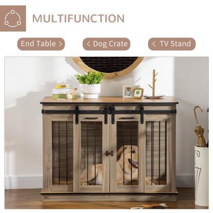 Dog Crate Furniture Side Table | Removable Divider | Double Sliding Doors | Large Dog or 2 Small Dogs | 120 x 60 x 88.5cm | Oak Tone
