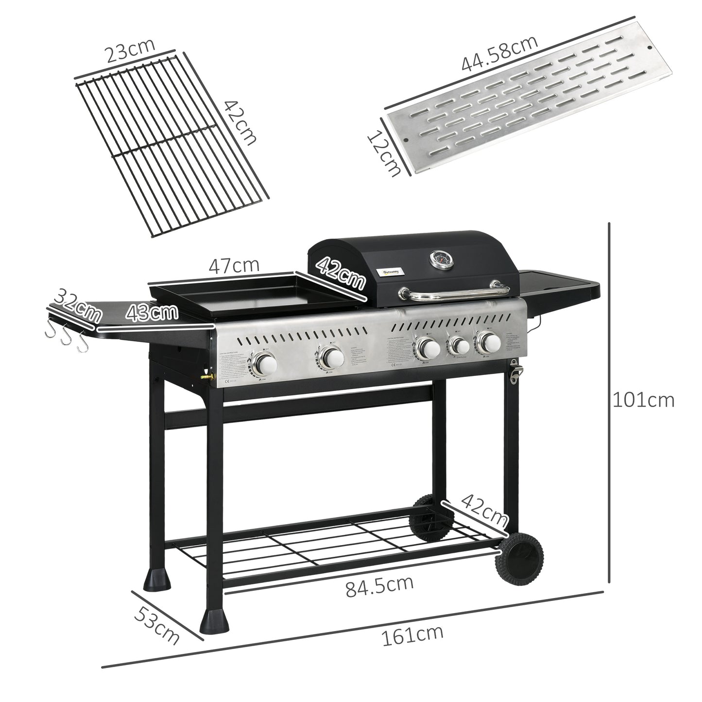 Outsunny 15 kW Gas BBQ Grill and Plancha with Side Burner, Black